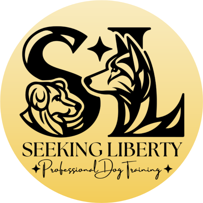 Logo for Seeking Liberty Professional Dog Training featuring a stylized dog silhouettes with a star, with text below that reads seeking liberty professional dog training.