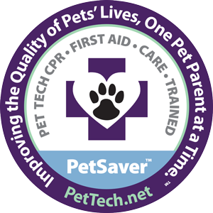 PetTech PetSaver Certification badge that says Pet Tech CPR, First Aid, Care, Trained. "Improving the Quality of Pets' Lives, One Pet Parent at a Time."
