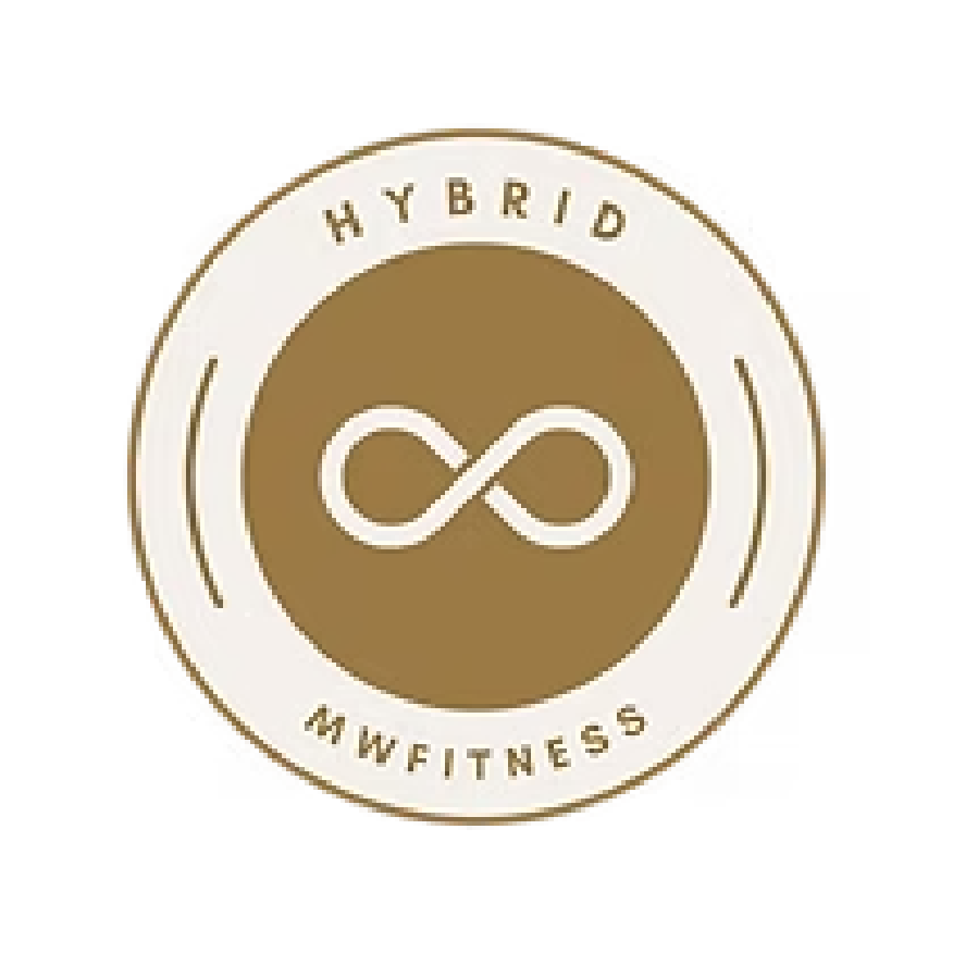 A circular logo with a white outer ring and a gold inner circle. The outer ring has the words 'HYBRID' at the top and 'MW FITNESS' at the bottom. Inside the gold circle, there is an infinity symbol. The overall design appears to be a fitness or gym brand logo.