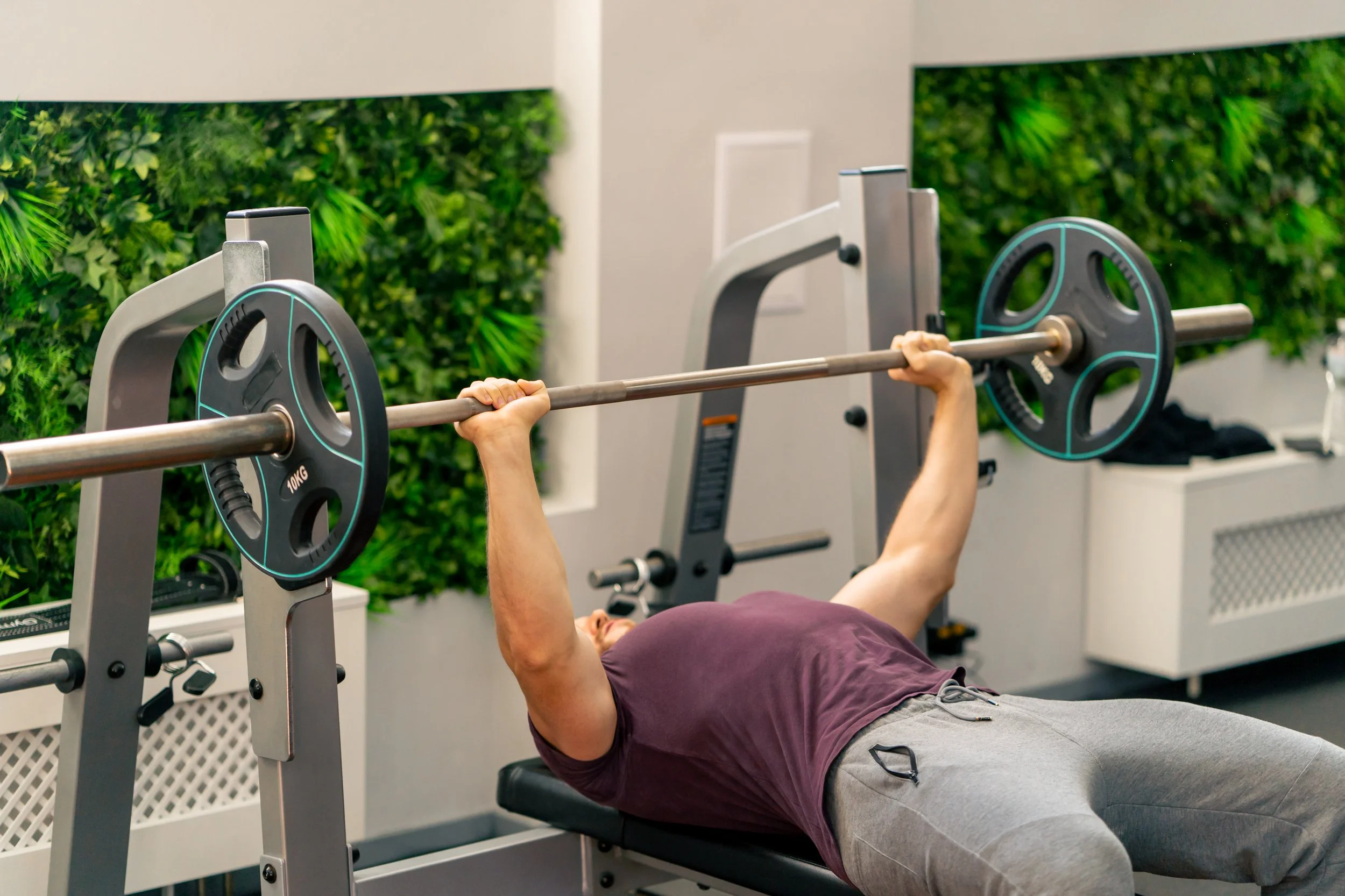 Person lying on exercise bench lifting a barbell with weights in a gym with green foliage wall decoration.