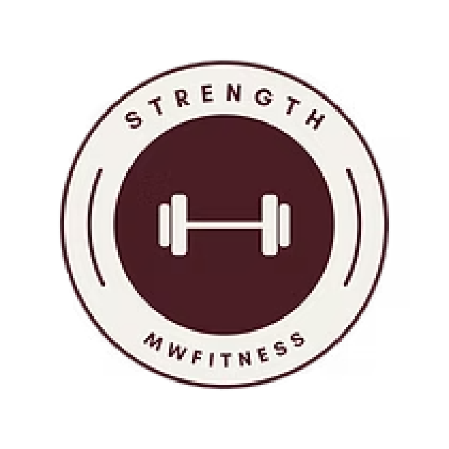 A circular badge with the word "Strength" at the top, a dumbbell icon in the center, and "MWFitness" at the bottom.
