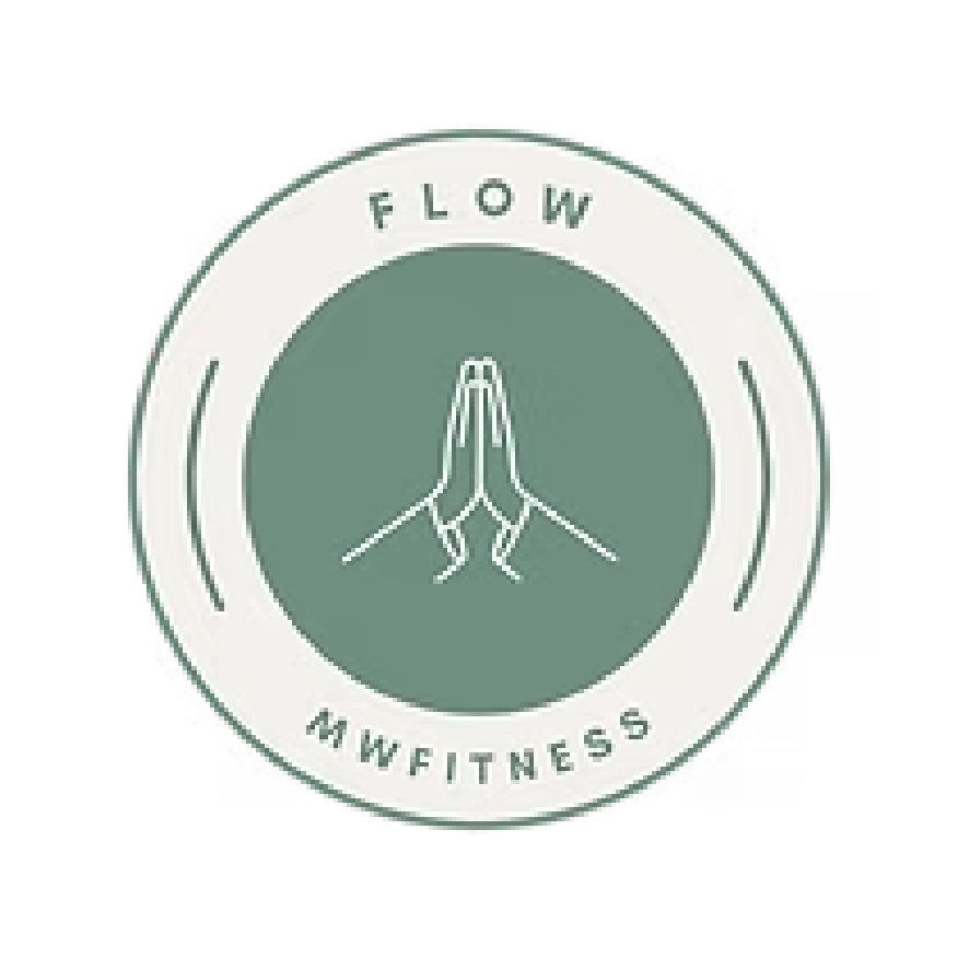 A circular logo with the words 'FLOW' at the top and 'MW FITNESS' at the bottom. In the center, there are two hands in a prayer position.