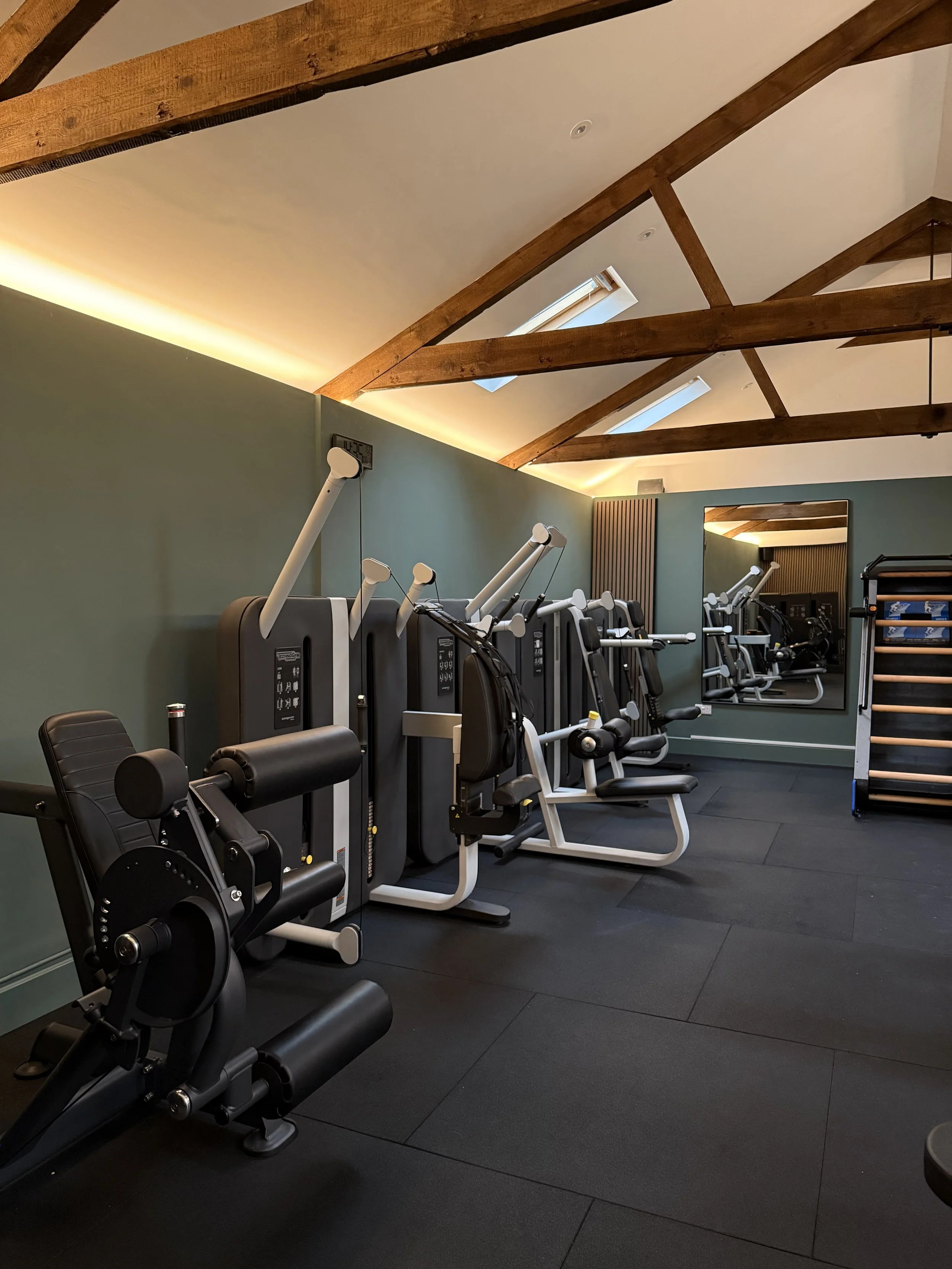 Gym with resistance machines and a mirror on the wall.