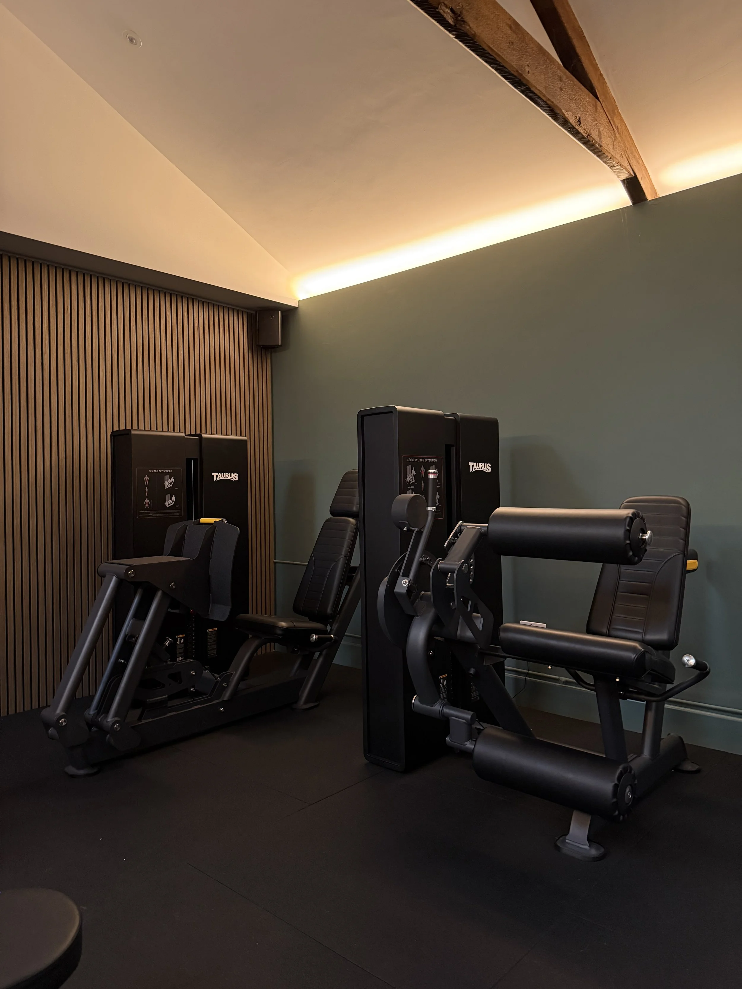 Indoor gym with workout equipment including a treadmill and seated exercise machines, a dark wooden wall, and a green wall with ceiling lighting.