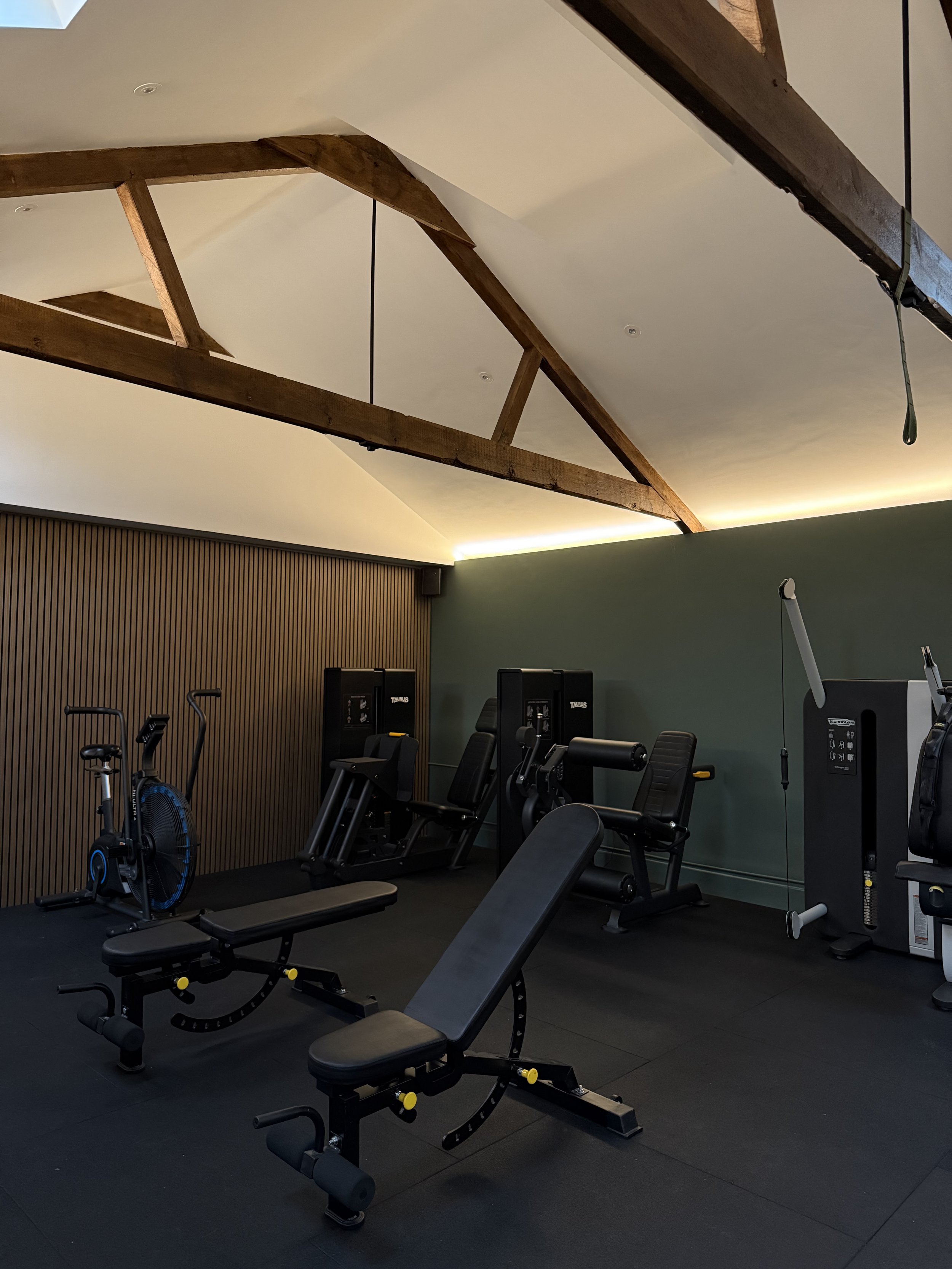 A gym with various exercise equipment, including a recumbent exercise bike, a weight bench, and different strength training machines, with a wooden slat wall and green painted wall in the background.