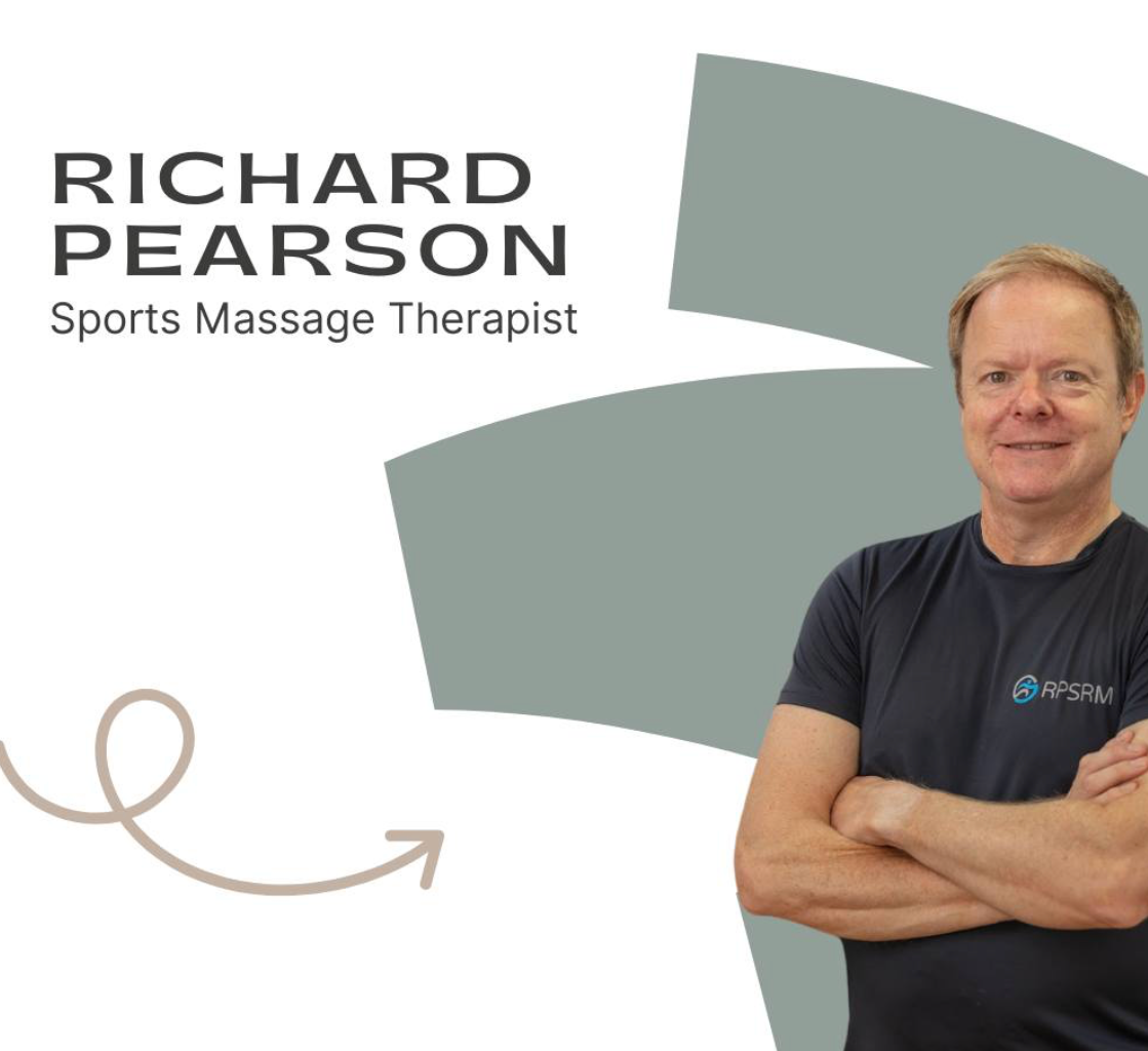 Profile photo of Richard Pearson, a sports massage therapist, with crossed arms and wearing a black shirt with a logo, standing next to his business card design.