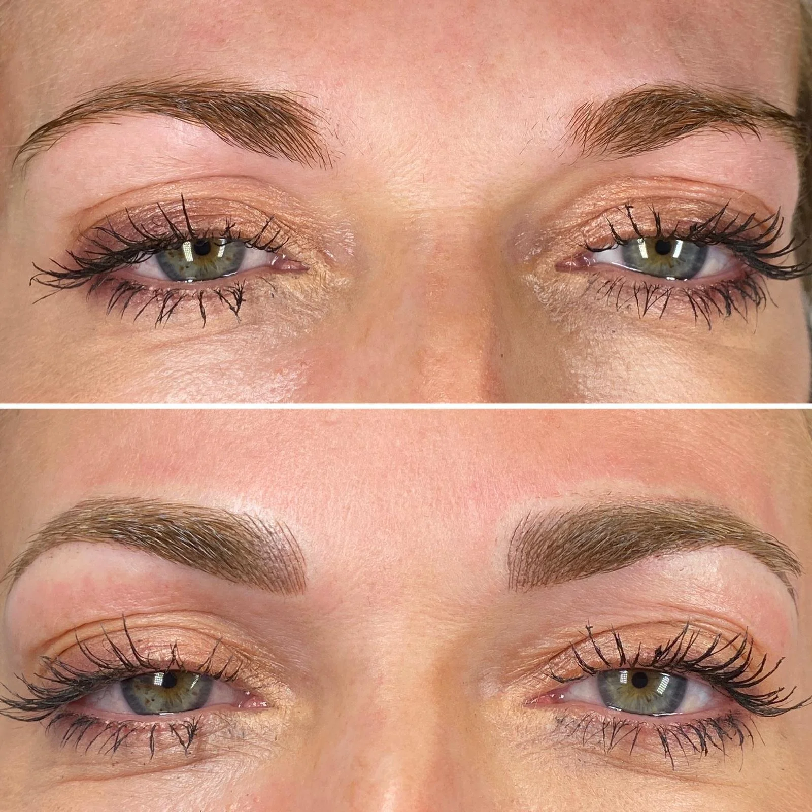Comparison of women's eyebrows and eye makeup before and after eyebrow grooming and makeup application, showing fuller, shaped eyebrows in the bottom image.