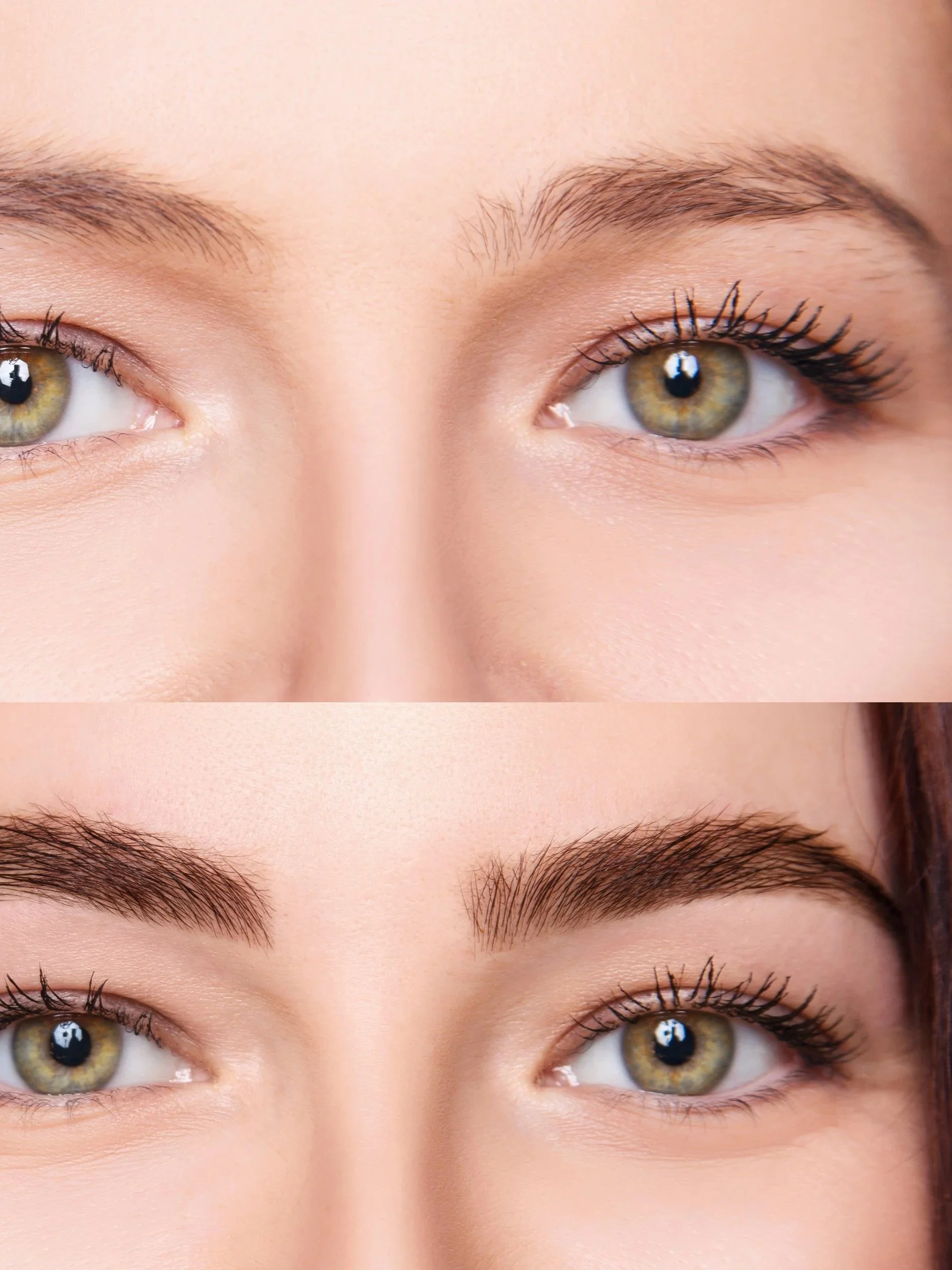 Close-up of two women's eyes with fresh eyebrows and makeup, featuring long eyelashes and natural skin tones.