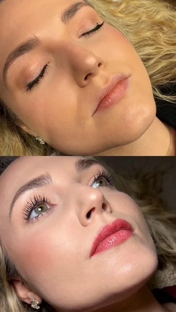 Close-up of a woman with long blonde hair lying down with eyes closed in the top image, and the same woman with makeup, open eyes, and lips slightly parted in the bottom image.