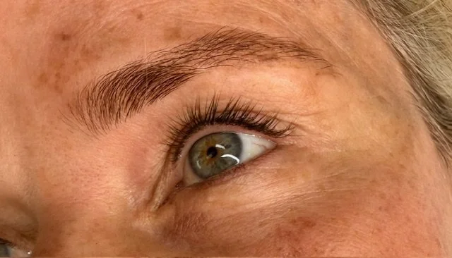 Close-up of a person's eye and eyebrow.
