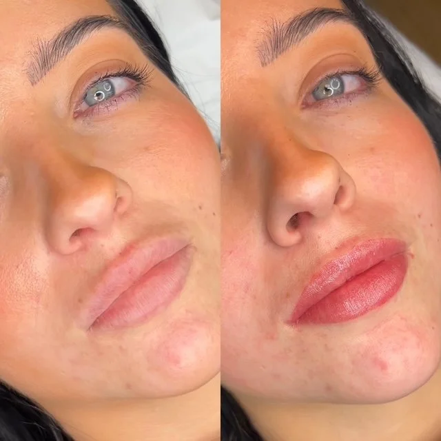 Close-up portrait of a woman with light skin, blue eyes, and dark hair, showing her before and after applying makeup, including lipstick and eye makeup.