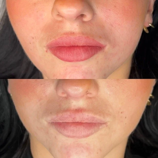 Close-up of a woman's lips before and after makeup application, showing a transformation from natural to professionally styled lips.