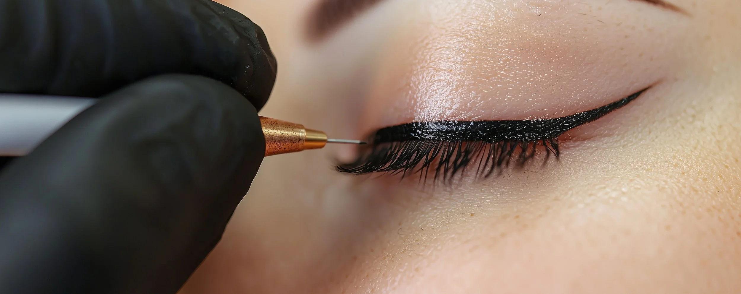 Close-up of a person's eye with eyelash extension being painted with black eyeliner by a person wearing black gloves.