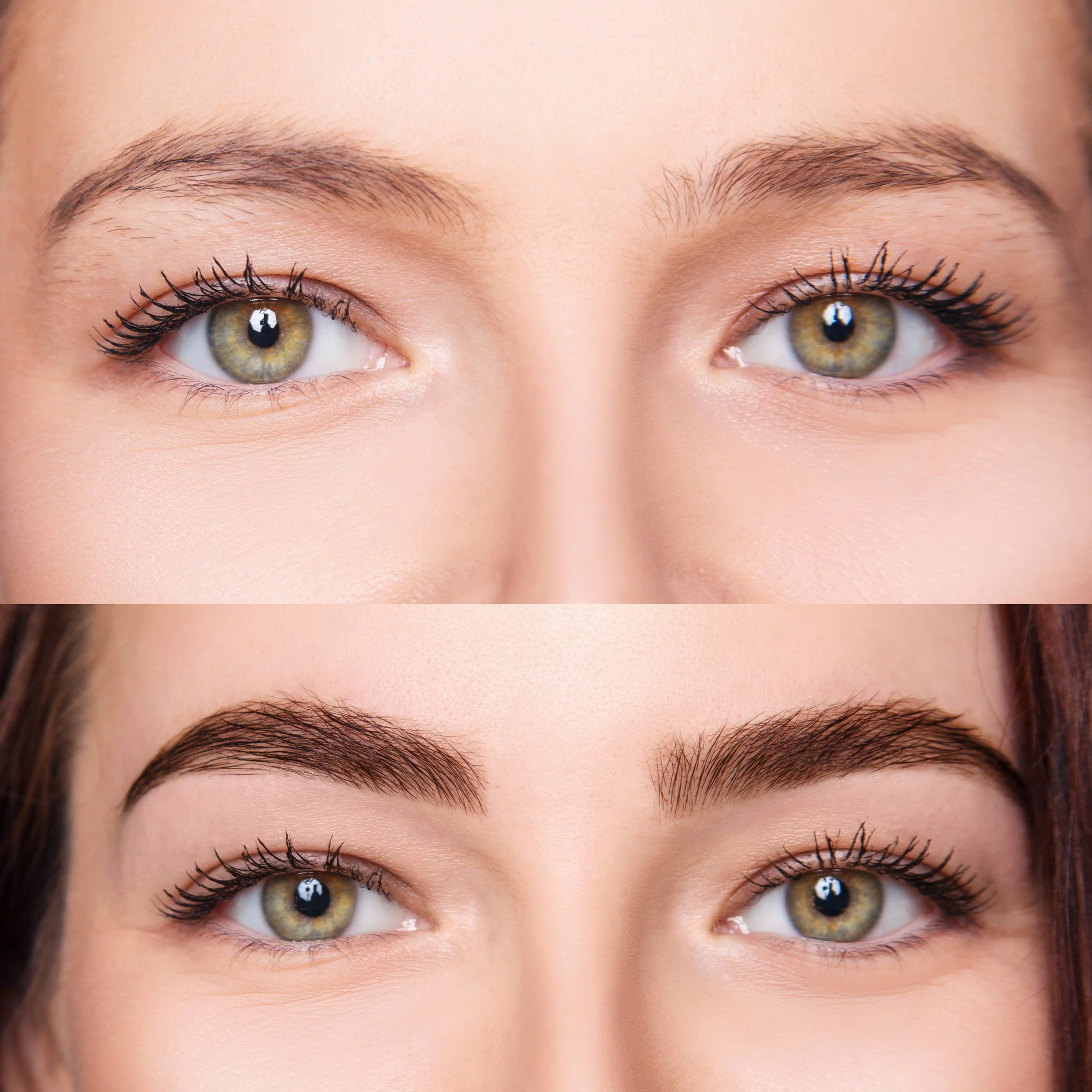 Comparison of women's eyes with minimal makeup, one with natural eyebrows and the other with well-defined, filled-in eyebrows.