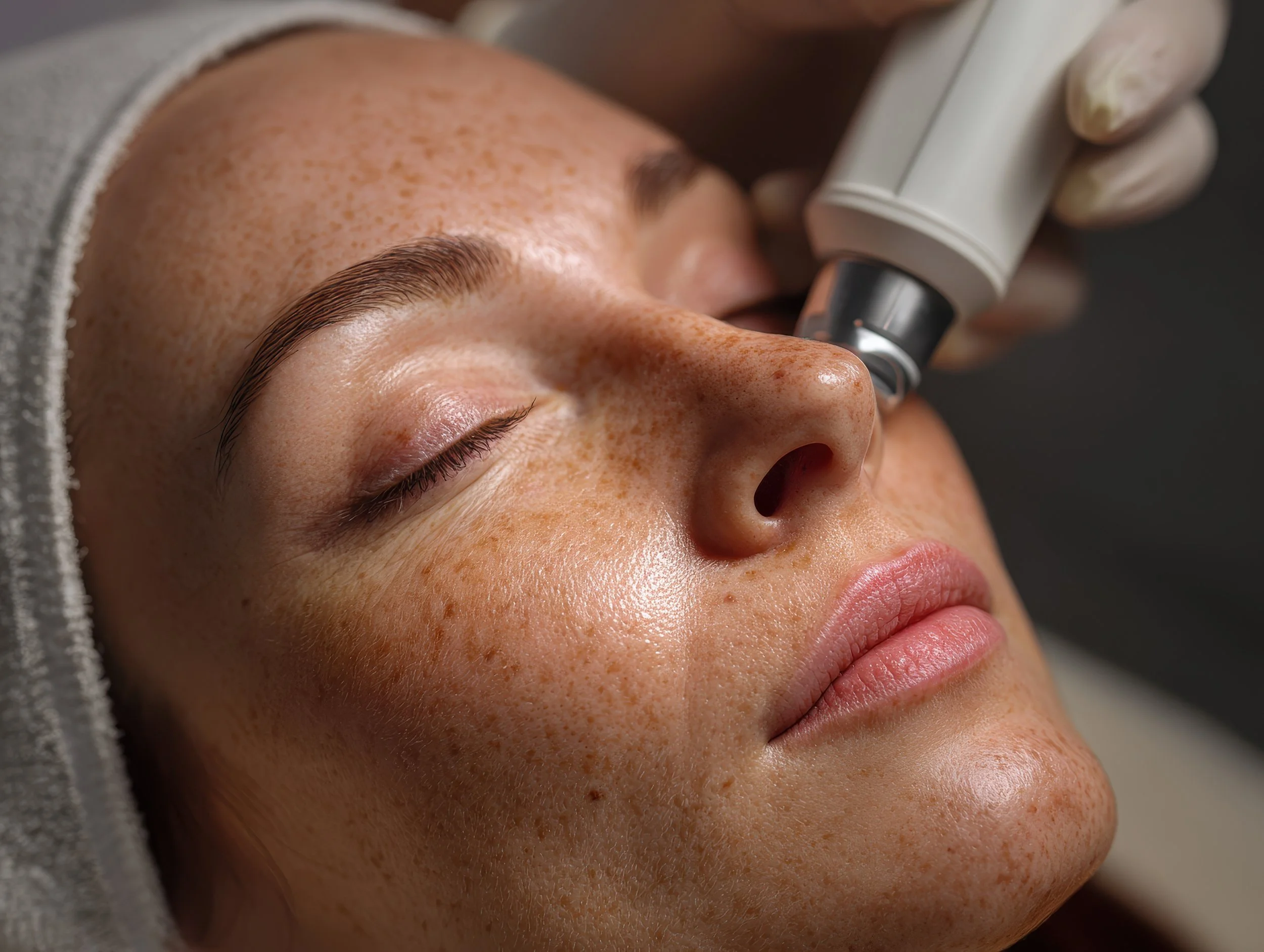 A woman receiving a skincare treatment with a handheld device on her nose in a spa or clinic setting.