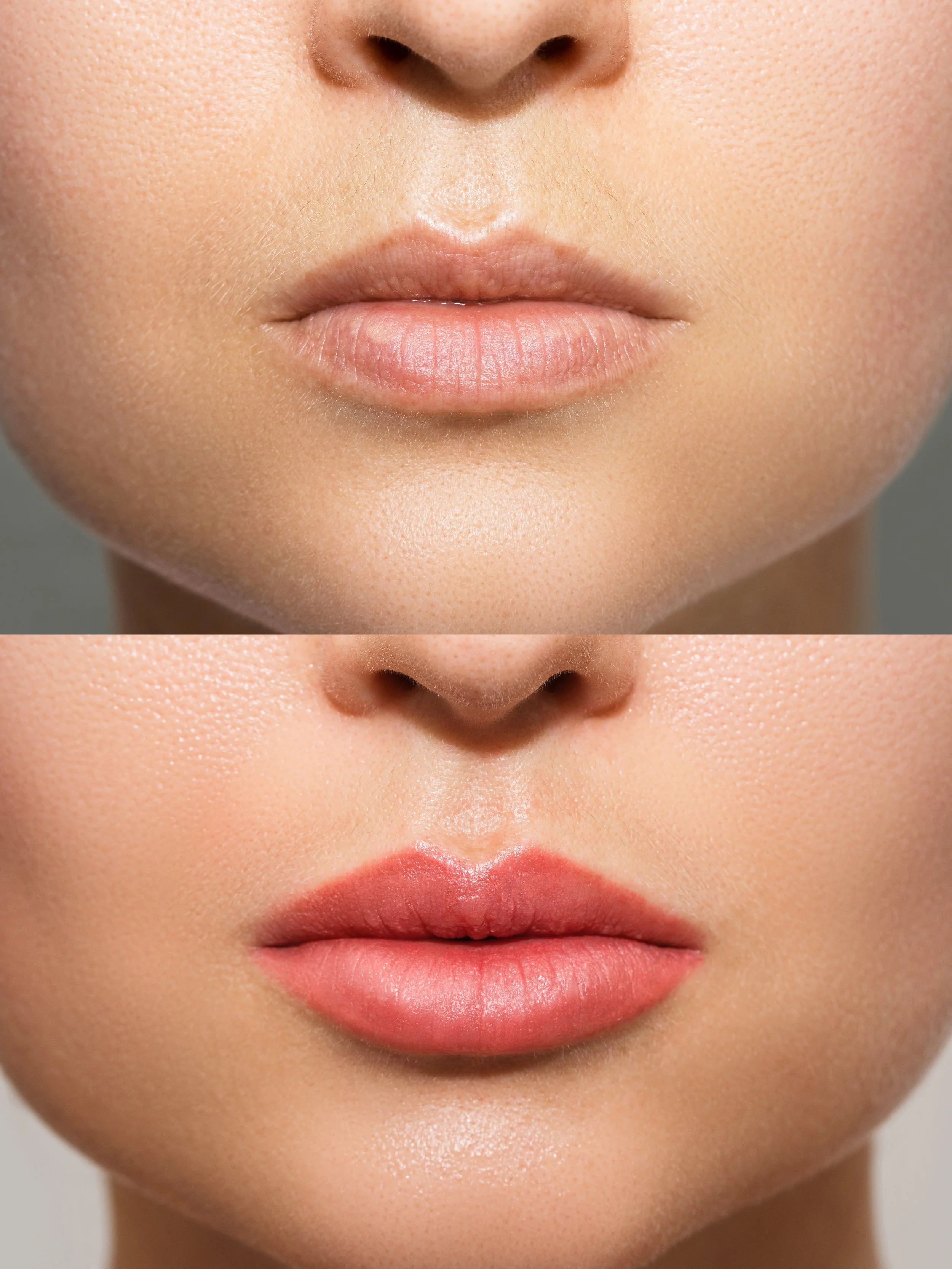 Close-up of a person's lips, showing a before and after comparison of lip makeup application, with lips in a natural state above and with a coral-pink lipstick below.