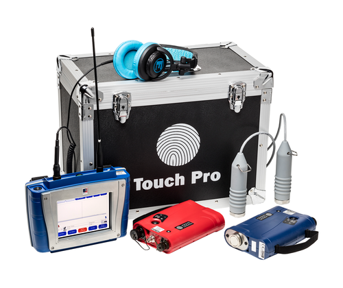 Touch Pro fingerprint scanner and detection equipment including a training kit with headphones, handheld devices, and a lockbox, all set against a white background.