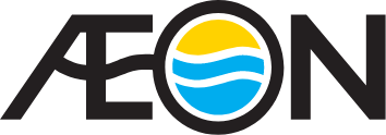AEON logo with stylized blue waves, yellow sun, and black text