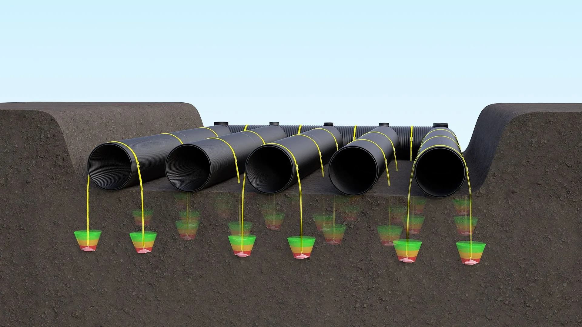 Cross-section of underground pipeline installation showing black pipes laid in trench, secured with yellow ties, with colorful cone-shaped barriers separating underground layers.