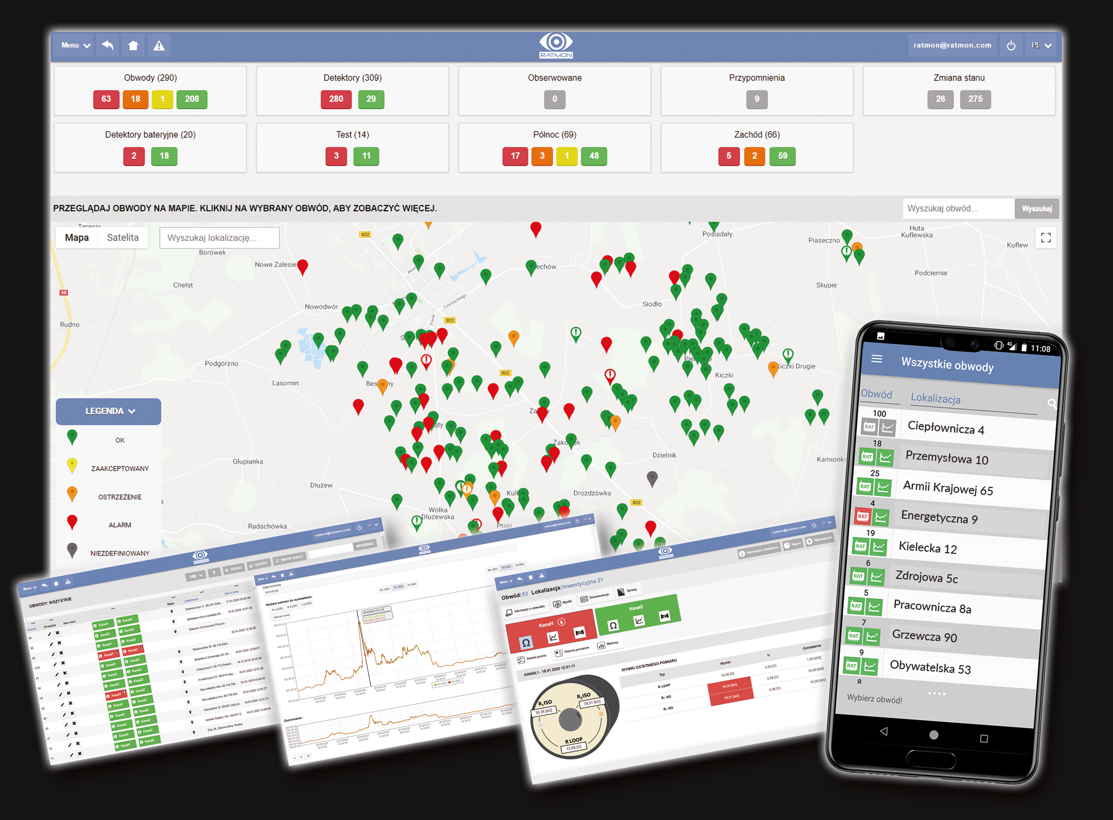 A computer dashboard and a smartphone displaying a network monitoring system with maps, charts, and data tables, all related to utility or infrastructure management.
