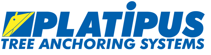 Logo of Platipus Tree Anchoring Systems featuring a yellow and blue design with a stylized tree anchor graphic and bold blue text.
