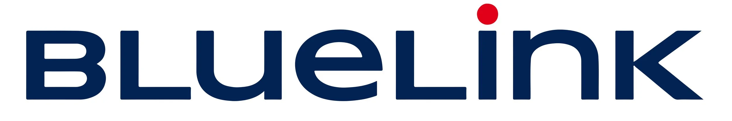 BlueLink logo with the word BlueLink in dark blue font and a red dot above the letter I.