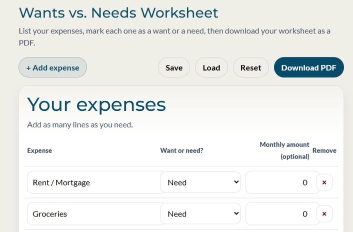 Wants vs. Needs Online Worksheet