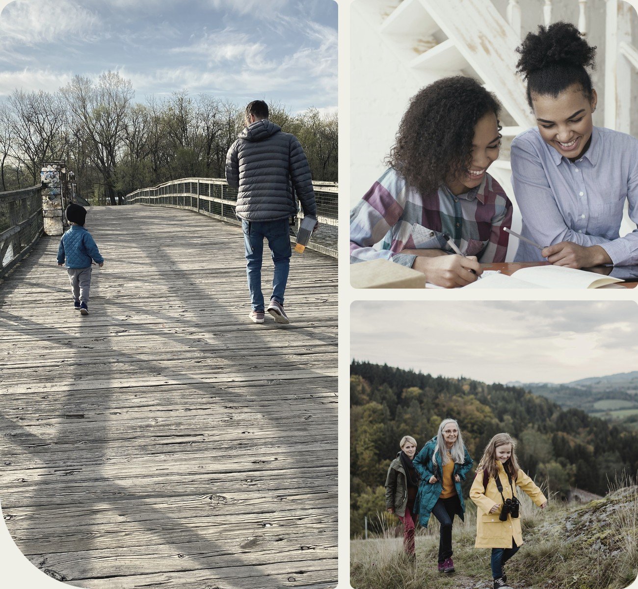 A parent and toddler on a footbridge, two people studying together, and three generations hiking