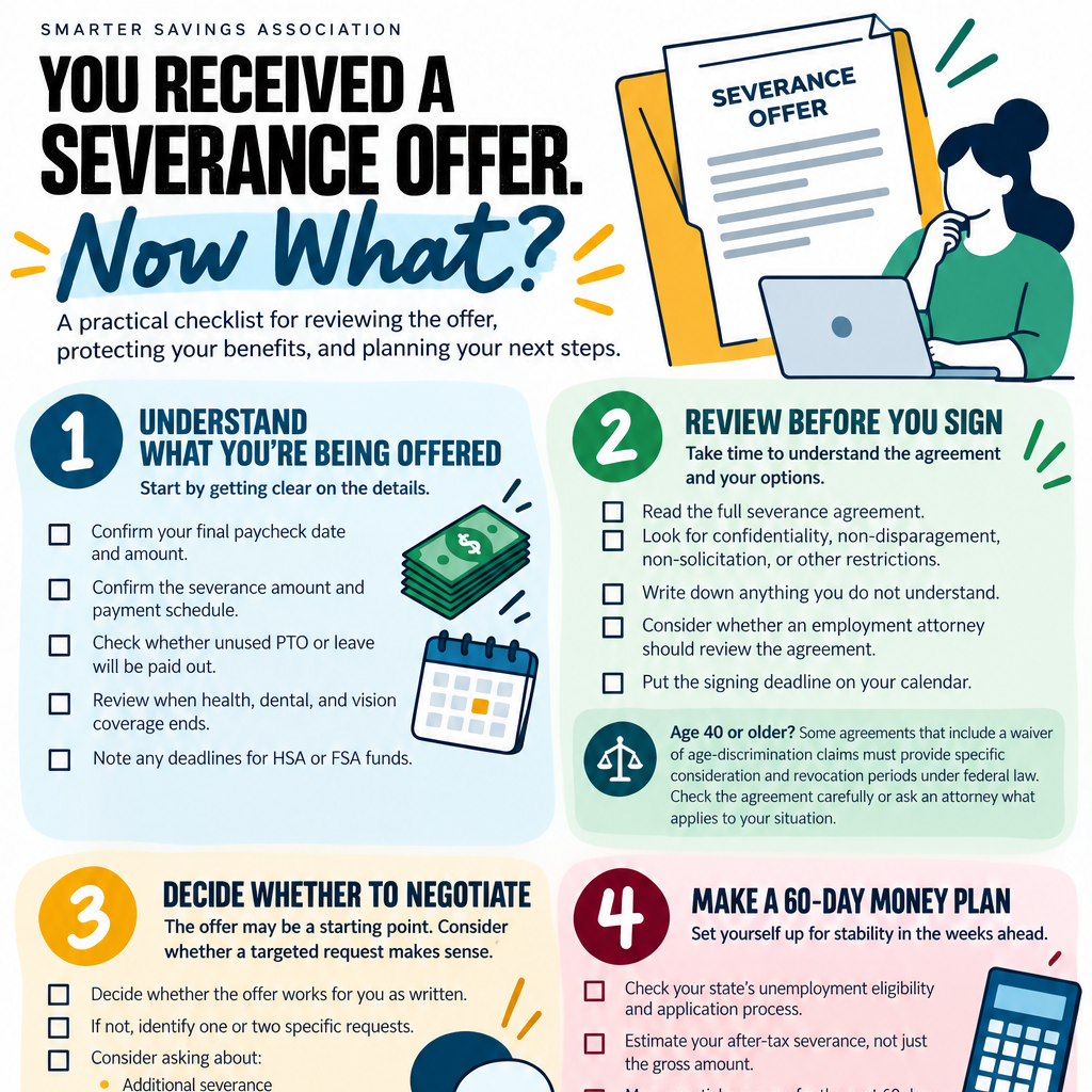 Checklist titled "From Shock to Strategy: Severance Checklist" with sections on Money and Benefits, Legal and Paperwork, Decision and Negotiation, and Next Income Steps. Contains reminders, steps, and tips for managing severance, legal review, and financial planning.