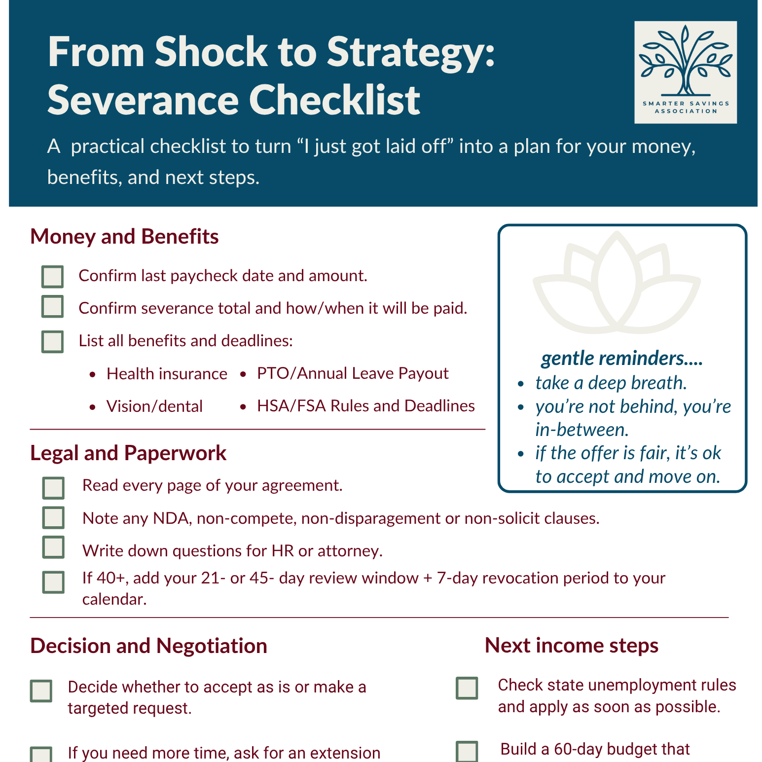 Checklist titled "From Shock to Strategy: Severance Checklist" with sections on Money and Benefits, Legal and Paperwork, Decision and Negotiation, and Next Income Steps. Contains reminders, steps, and tips for managing severance, legal review, and financial planning.