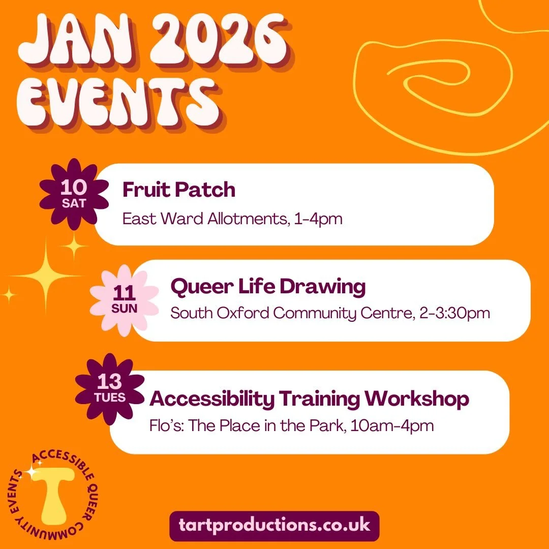 🗓️ January is going to be a busy month, with lots of Queer community events for you to get involved with!

🧁 NOTE that Fruit Cakes is running at a different time this month (11:30-1:30 on Saturday 17 January). We should be back to usual timings for