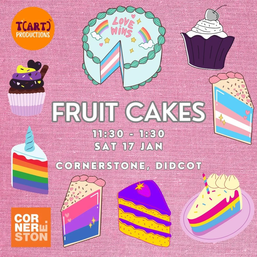 🍰 A quick reminder that Fruit Cakes is TOMORROW from 11:30 - 1:30 (then back to usual from next month). See you there!

[ID: pink background with cake graphics. Text reads Fruit Cakes 11:30 - 1:30 Sat 17 Jan Cornerstone Didcot]