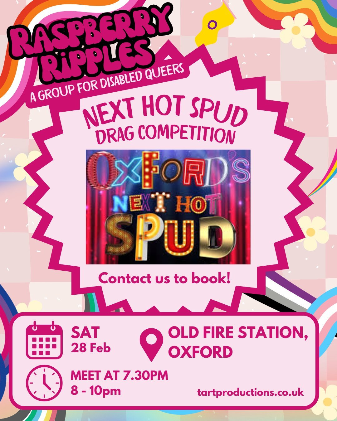 🥳 WE'RE GOING ON A GROUP TRIP!

Join us for an outing to @oxdragcollective 's Next Hot Spud! This is a drag competition for local performers.

Email info@tartproductions.co.uk to book your free space

See you there!

ID: A pink graphic. It reads Ras