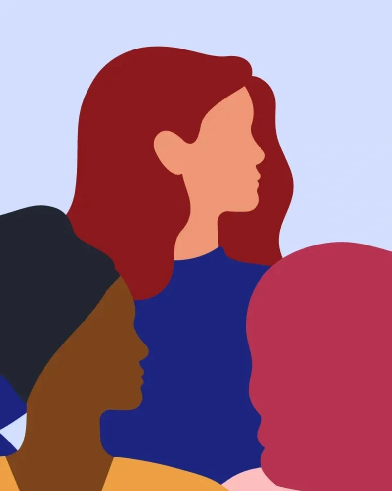 Digital illustration of diverse women with various hair colors and styles, in profile and facing different directions.