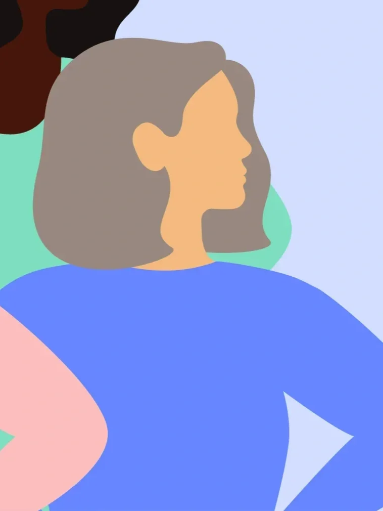 Digital illustration of a woman with light brown hair, wearing a blue top, seen in profile.