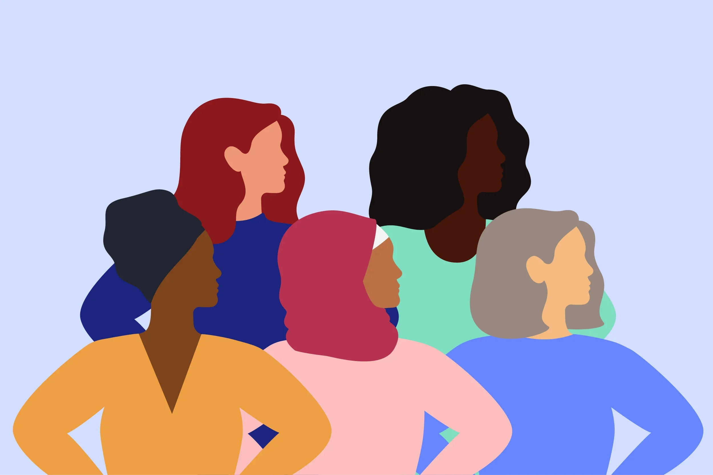 Illustration of six diverse women standing together in profile, with their hands on their hips, against a light blue background.