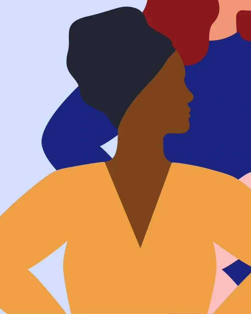 Illustration of two women, one in the foreground wearing a mustard yellow top and a black headscarf, and another in the background with red hair and blue clothing, in a minimalist style.
