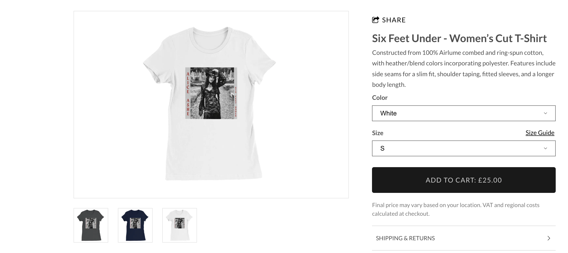 White women's T-shirt with a black and white image of a woman and red text reading 'Alice Ashe' and 'Six Feet Under'.