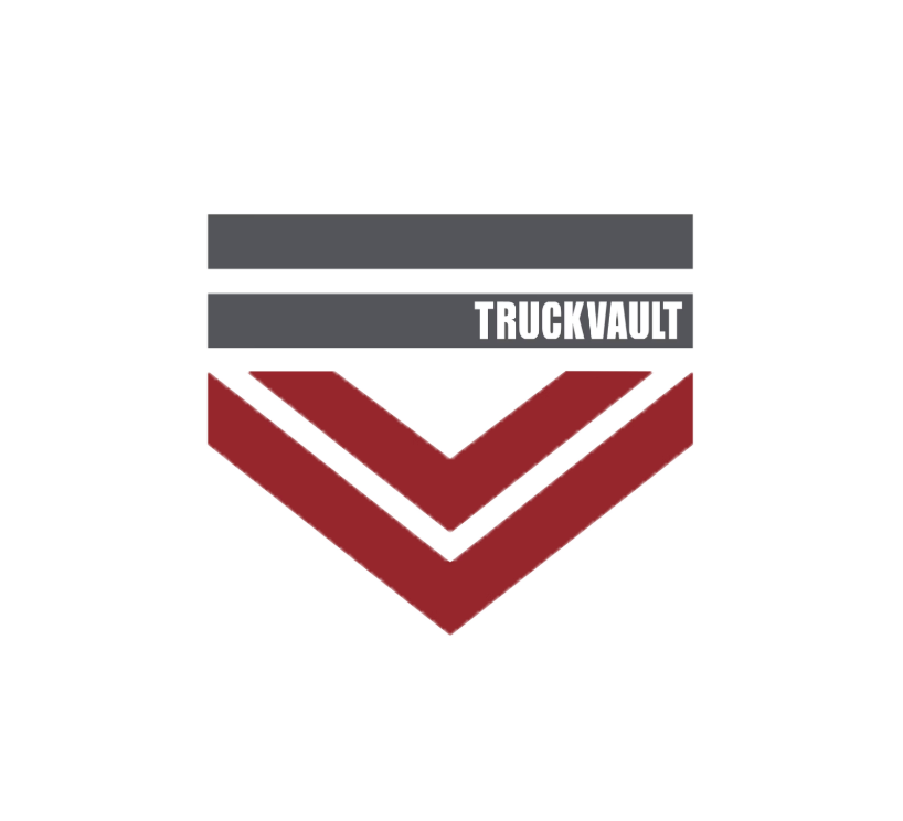 Logo with the text 'TRUCKVAULT' and geometric shapes in black, gray, and red.