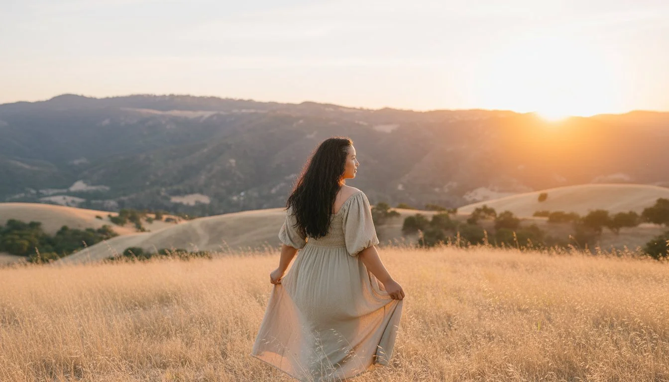 A woman in a long beige dress walking through a golden field at sunset, with rolling hills and mountains in the background.