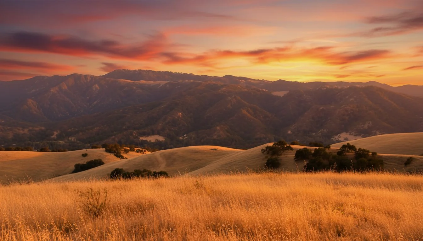 Sunset over rolling hills and mountains, with golden grass in the foreground and a colorful sky with clouds.