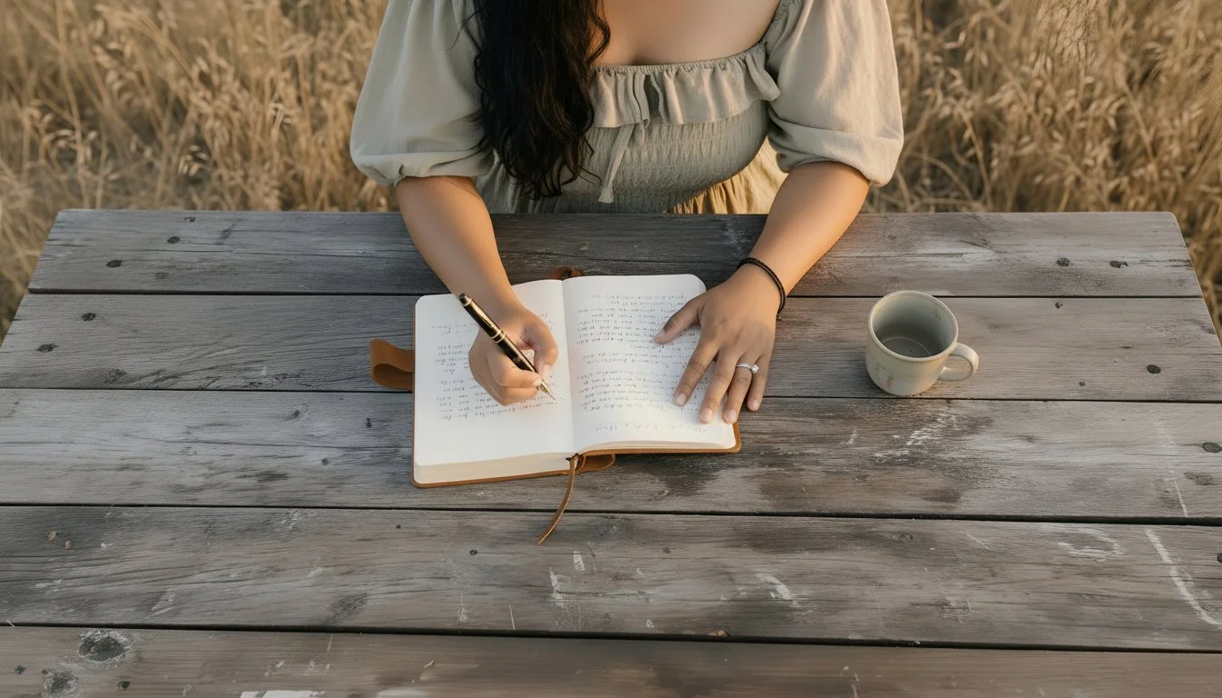 A woman is writing in a notebook on a wooden table outdoors with tall grass in the background, and a mug of coffee or tea beside her.
