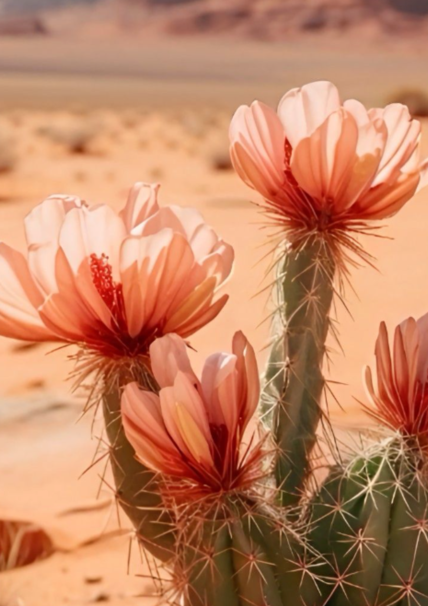 Pink cactus flowers blooming on a desert cactus with a sandy background.