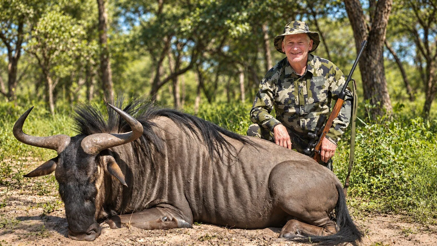 Shade at the Tree Line
A person is pictured behind a wildebeest in wooded terrain.