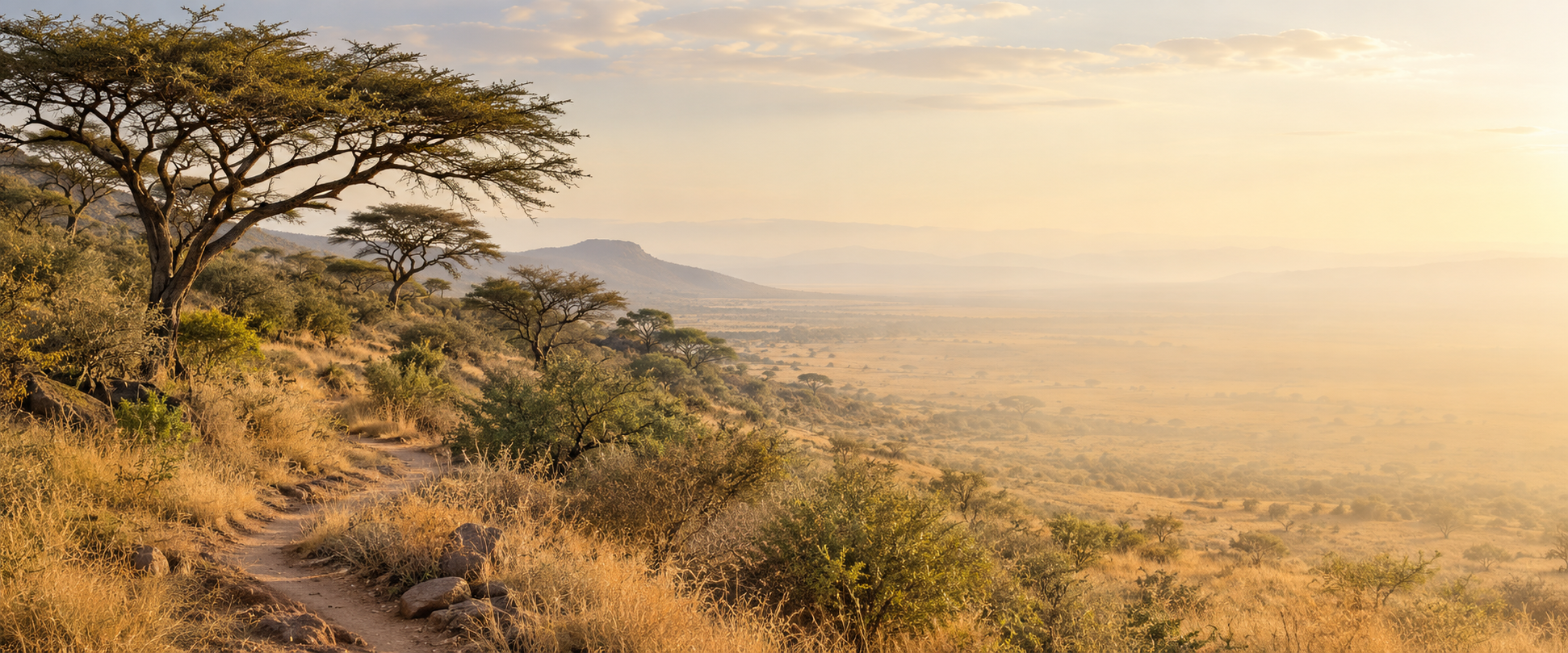 Golden savanna landscape with acacia trees and a winding dirt track fading into hazy hills