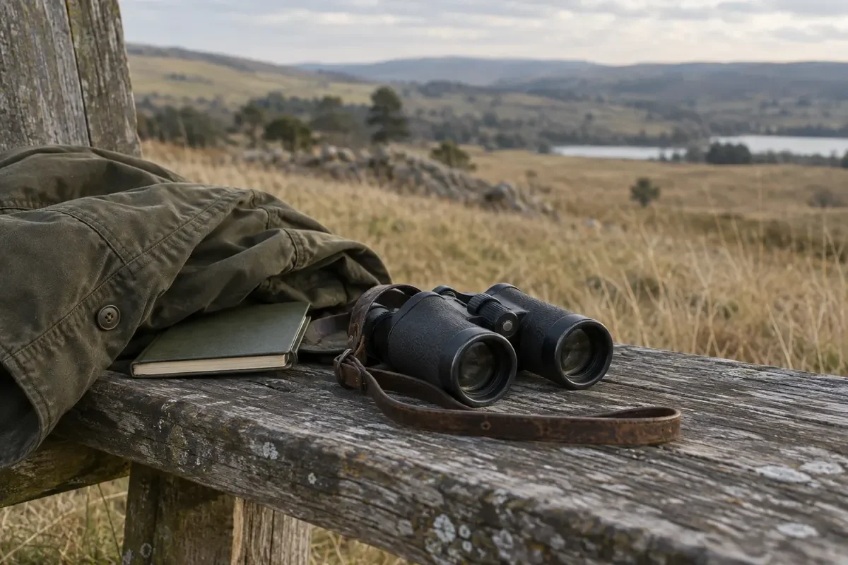 Binoculars, a field notebook and a jacket on a wooden rail overlooking open country