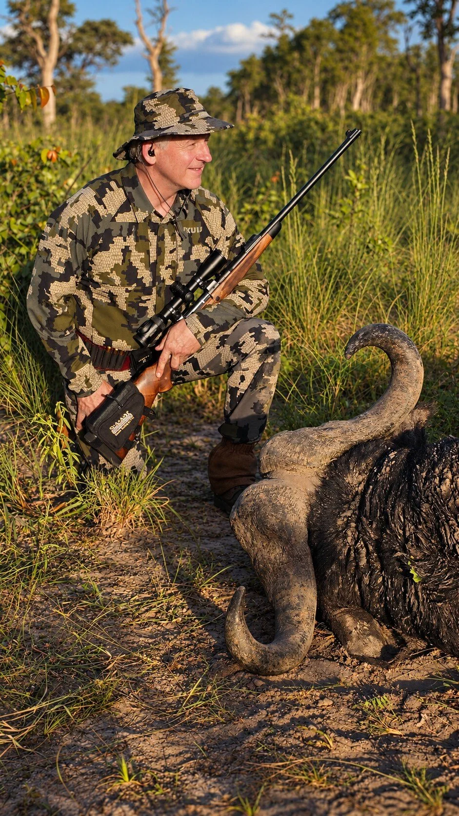 At the Edge of the Brush
A person is pictured beside a buffalo in green brush.