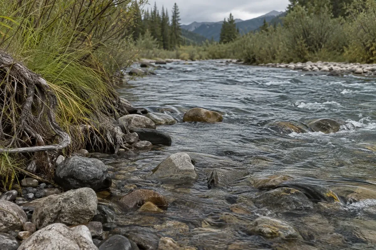Along the River
Shallow water runs around stones and grass beside a wooded bank.