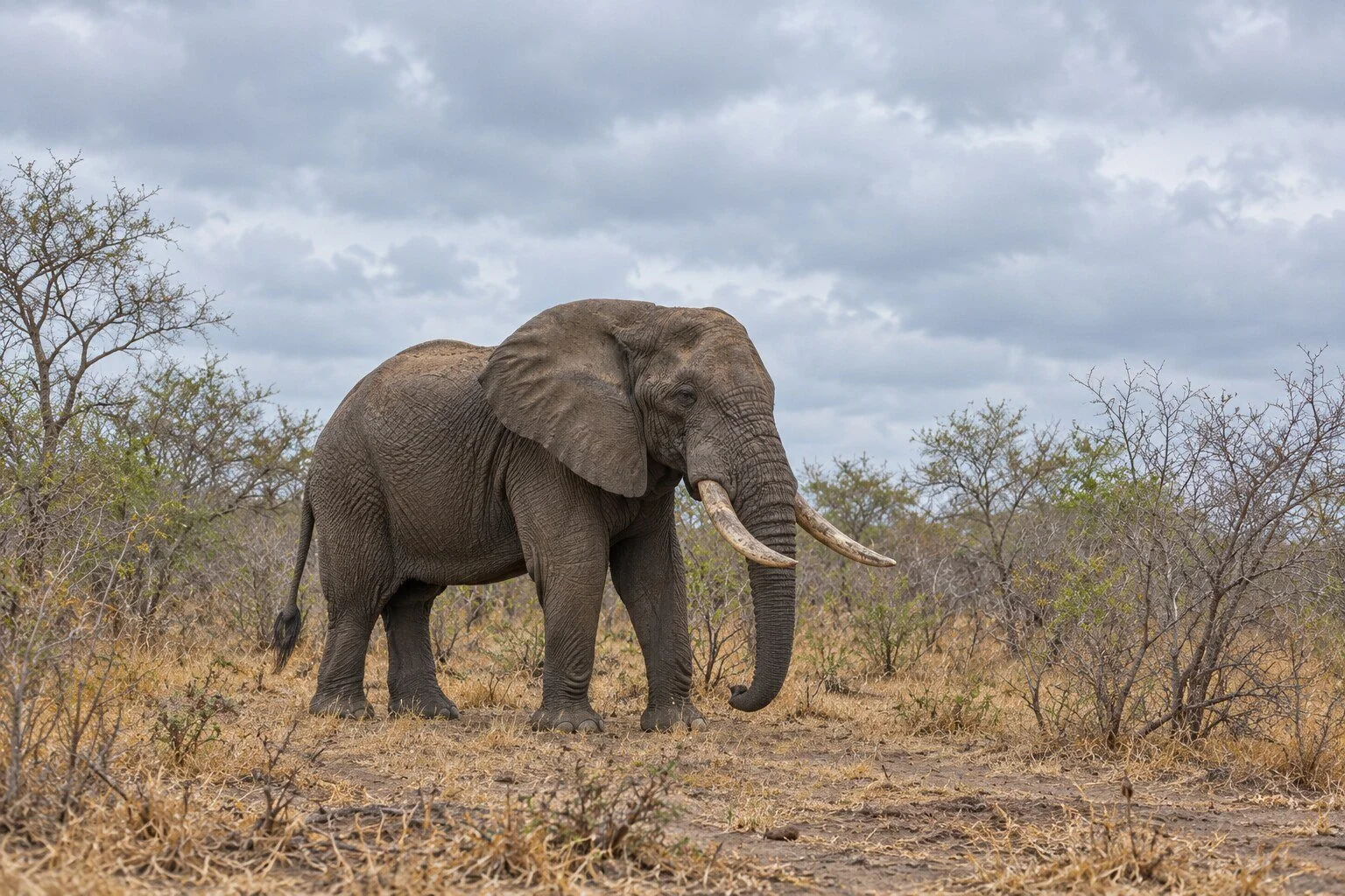 Elephant in the Brush
An elephant stands in dry scrub beneath an overcast sky.