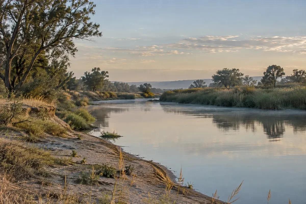 Editorial scene of trees along a quiet stretch of open water in evening light